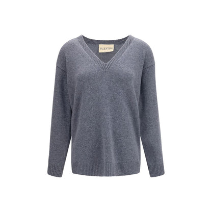 Sweater by Valentino Garavani for women in cashmere & capra leather gray features an polished silhouette, showcasing refined long-sleeve and a sophisticated v-neck neckline for a truly polished finish.