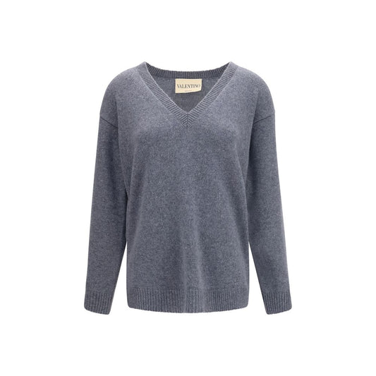 Sweater by Valentino Garavani for women in cashmere & capra leather gray features an polished silhouette, showcasing refined long-sleeve and a sophisticated v-neck neckline for a truly polished finish.