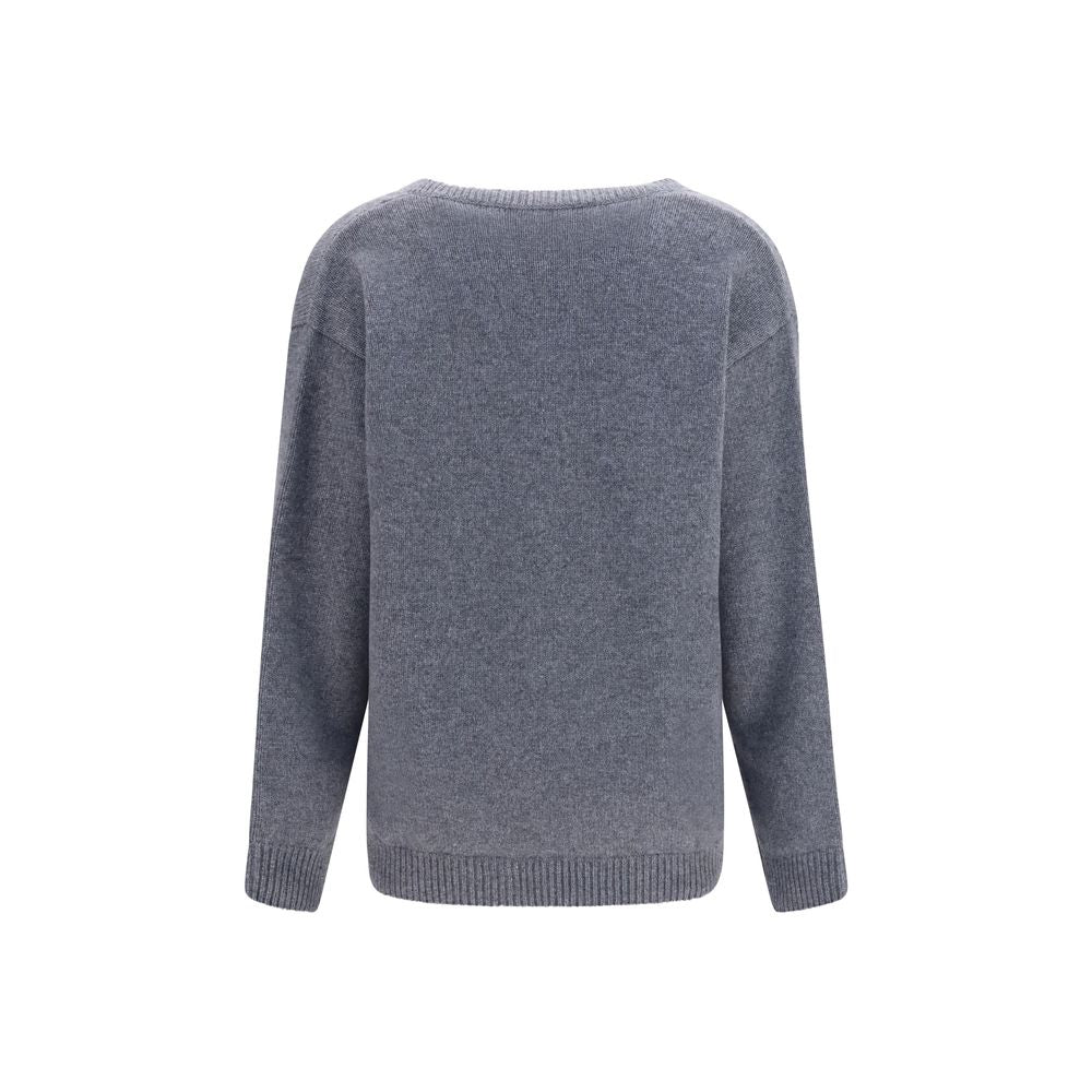 Sweater by Valentino Garavani for women in cashmere & capra leather gray showcases a discreet silhouette, finished with a discreet v-neck neckline and for a discreet look.