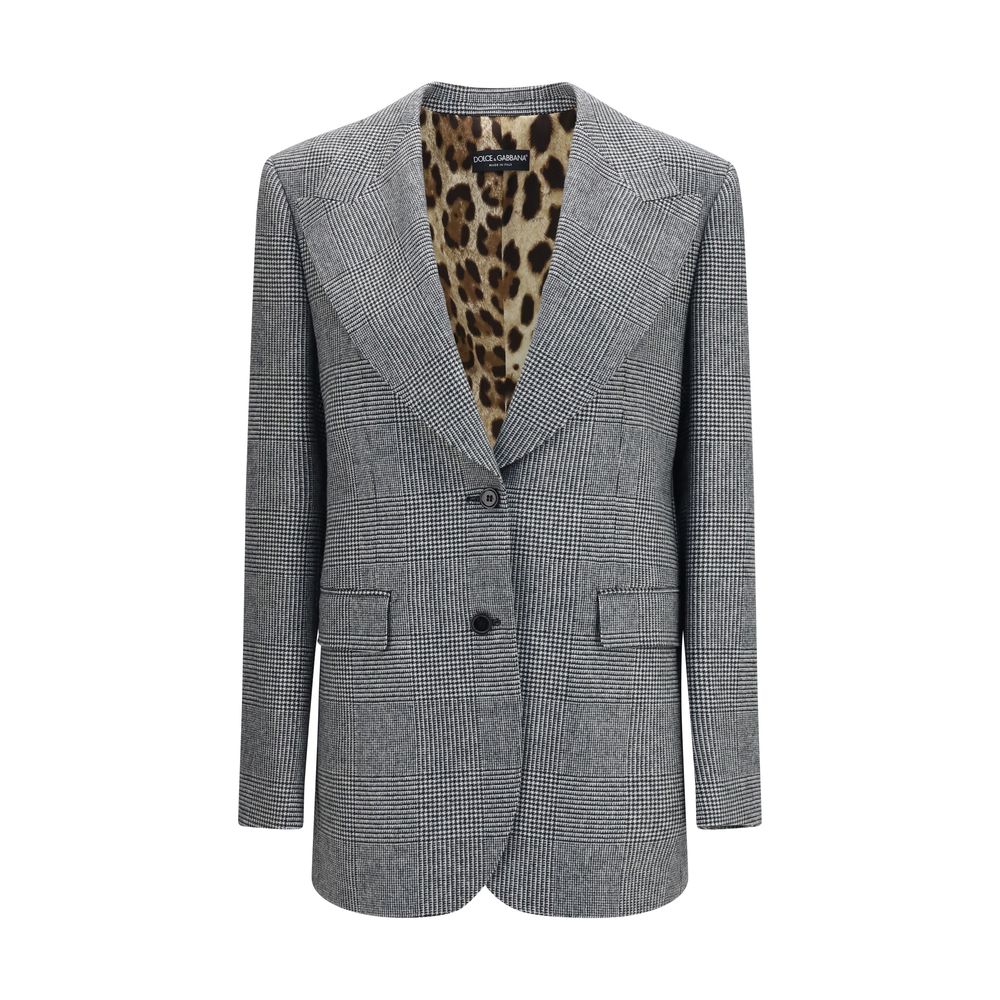 Blazer by Dolce & Gabbana for women in wool & capra leather gray showcases a discerning silhouette, elegantly detailed with a sophisticated single-breasted neckline and premium for a truly discerning finish.