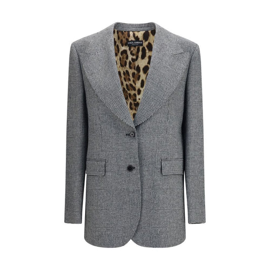 Blazer by Dolce & Gabbana for women in wool & capra leather gray showcases a discerning silhouette, elegantly detailed with a sophisticated single-breasted neckline and premium for a truly discerning finish.