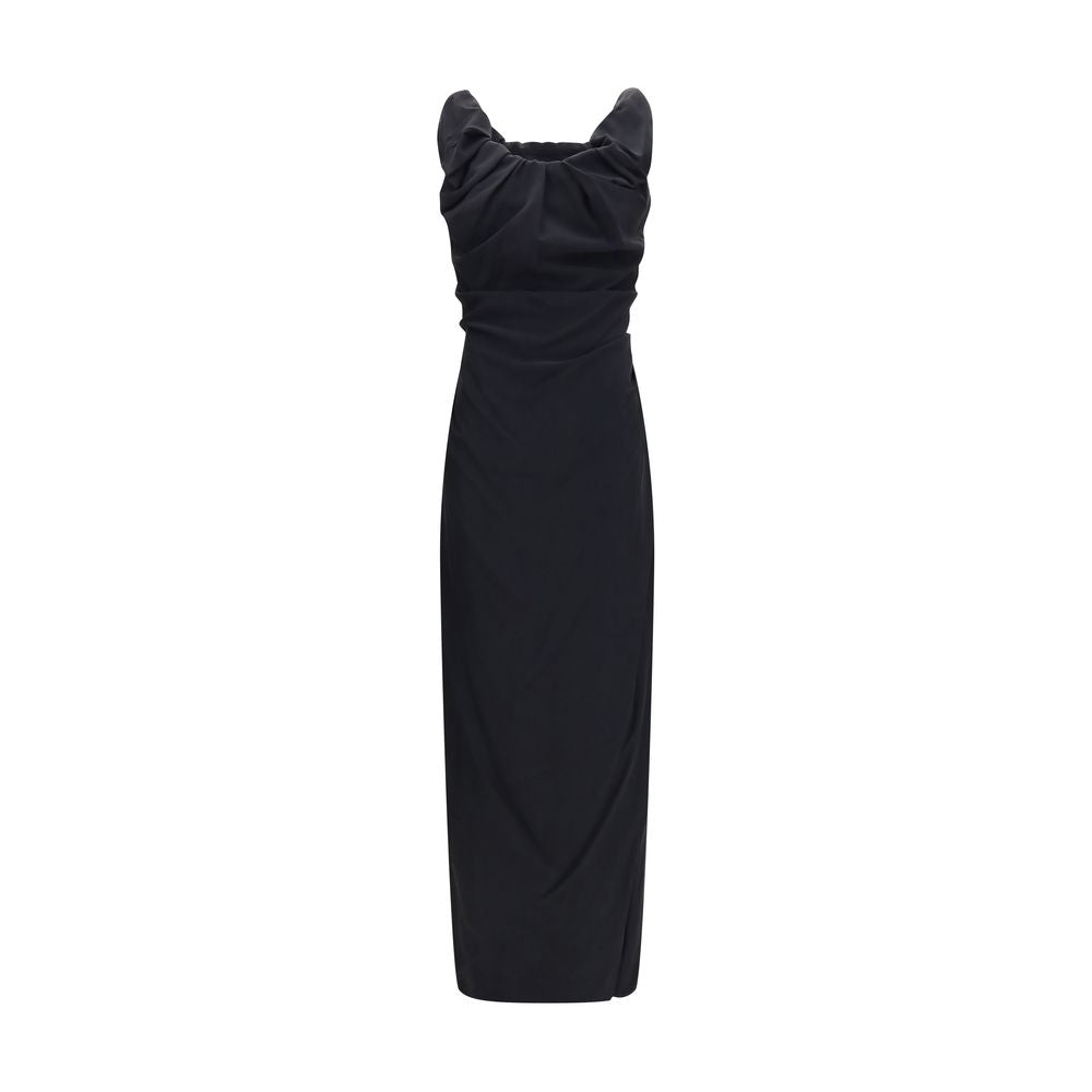 Dress by Vivienne Westwood for women in silk & viscose black features a dramatic silhouette, showcasing an elegant and sleeveless that flows into a dramatic long.