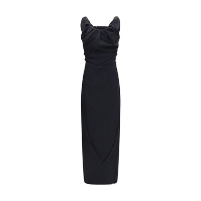 Dress by Vivienne Westwood for women in silk & viscose black features a dramatic silhouette, showcasing an elegant and sleeveless that flows into a dramatic long.