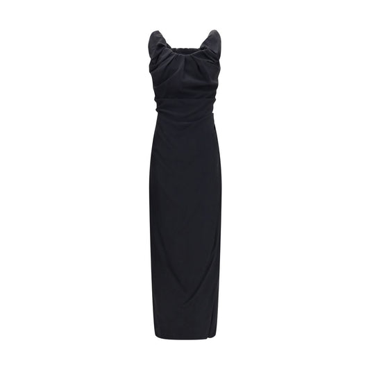 Dress by Vivienne Westwood for women in silk & viscose black features a dramatic silhouette, showcasing an elegant and sleeveless that flows into a dramatic long.