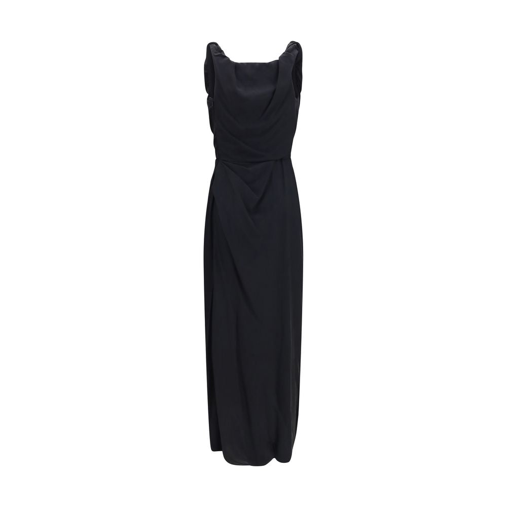 Dress by Vivienne Westwood for women in silk & viscose black features an eye catching silhouette with a sophisticated , elegant , and a refined long for a eye catching aesthetic.