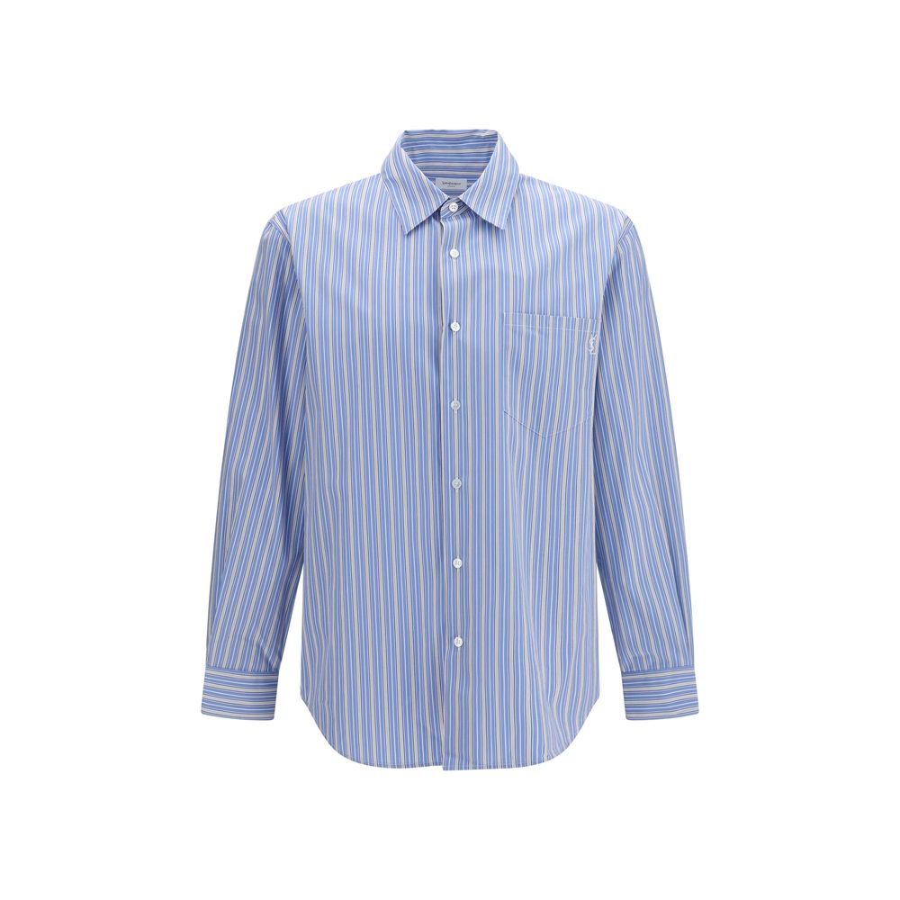 Shirt by Saint Laurent for men in cotton blue, patterned & striped showcases a sharp silhouette, elegantly detailed with a sharp and sharp .