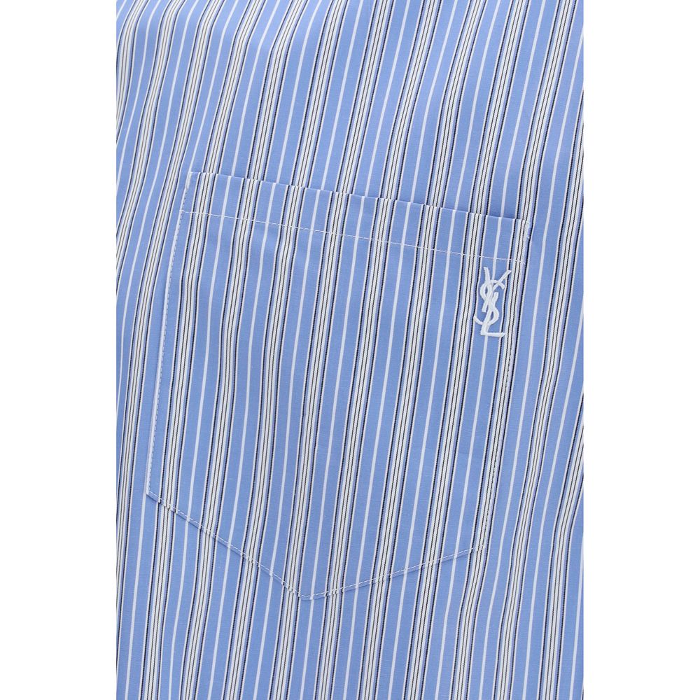 Shirt by Saint Laurent for men in cotton blue, patterned & striped features an architectural silhouette with a refined and elegant for a architectural look.