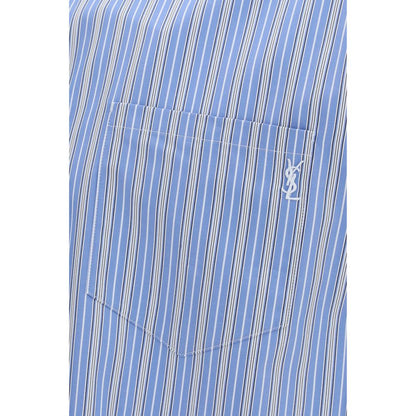 Shirt by Saint Laurent for men in cotton blue, patterned & striped features an architectural silhouette with a refined and elegant for a architectural look.