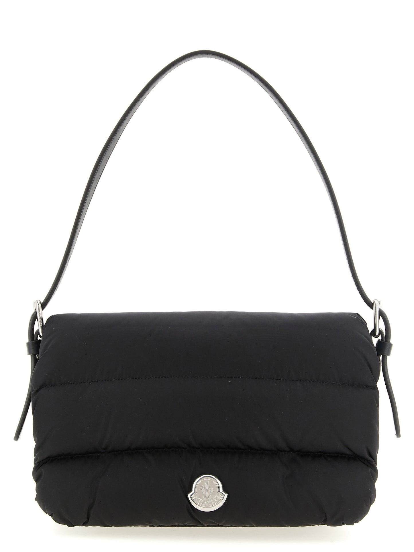 Mini Shoulder Flap Bag by Moncler for women in polyamide leather black, silver & signature features an effortlessly chic silhouette with a secure flap, magnetic & buckle, ample , and versatile shoulder-strap, adjustable-strap & handle for effortlessly chic everyday luxury.
