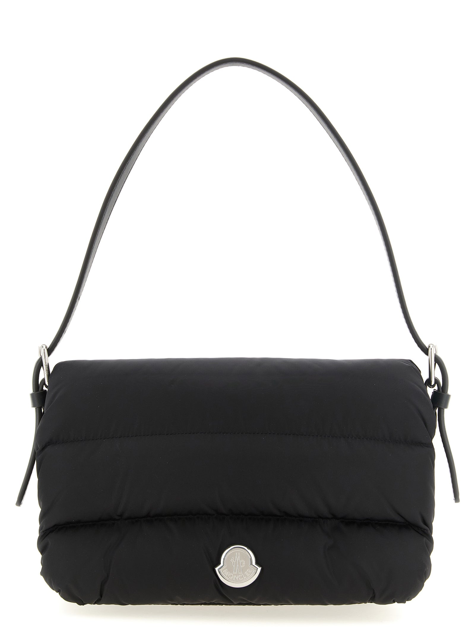 Mini Shoulder Flap Bag by Moncler for women in polyamide leather black, silver & signature features an effortlessly chic silhouette with a secure flap, magnetic & buckle, ample , and versatile shoulder-strap, adjustable-strap & handle for effortlessly chic everyday luxury.