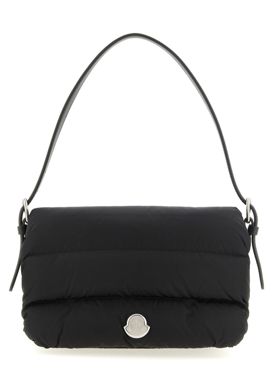 Mini Shoulder Flap Bag by Moncler for women in polyamide leather black, silver & signature features an effortlessly chic silhouette with a secure flap, magnetic & buckle, ample , and versatile shoulder-strap, adjustable-strap & handle for effortlessly chic everyday luxury.