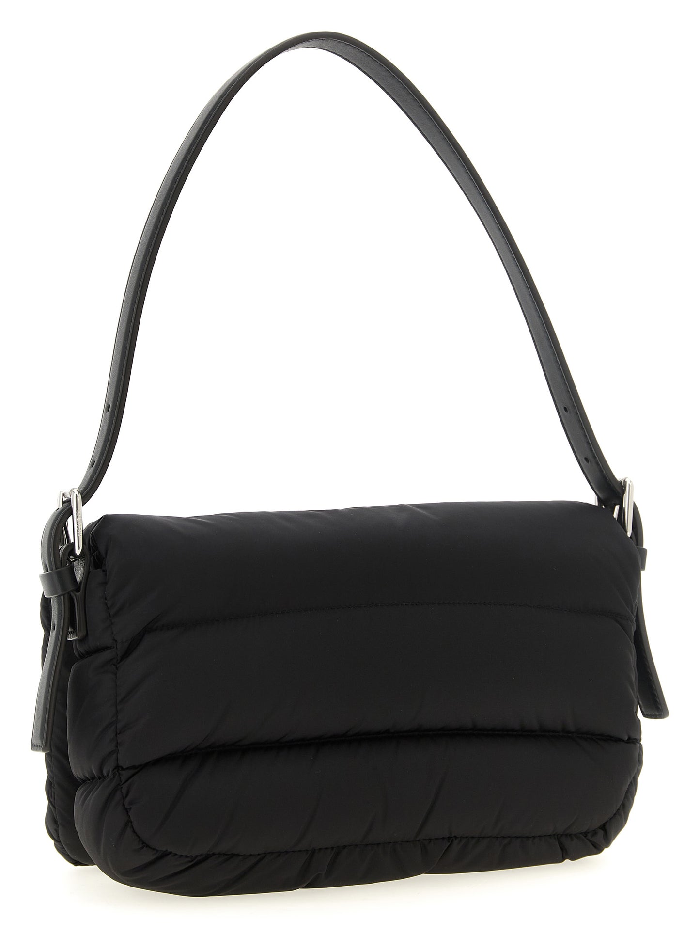 Mini Shoulder Flap Bag by Moncler for women in polyamide leather black, silver & signature presents a versatile silhouette, showcasing a secure flap, magnetic & buckle and versatile with versatile shoulder-strap, adjustable-strap & handle for a sophisticated look.
