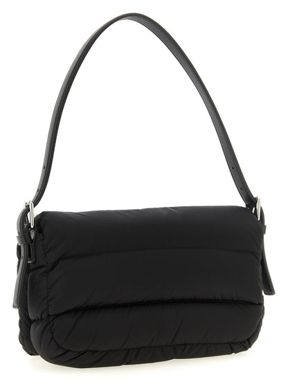 Mini Shoulder Flap Bag by Moncler for women in polyamide leather black, silver & signature presents a versatile silhouette, showcasing a secure flap, magnetic & buckle and versatile with versatile shoulder-strap, adjustable-strap & handle for a sophisticated look.