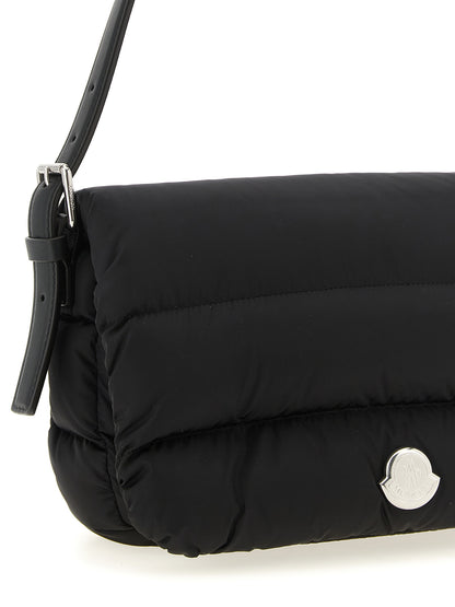 Mini Shoulder Flap Bag by Moncler for women in polyamide leather black, silver & signature showcases a enviable silhouette, artfully detailed with a secure flap, magnetic & buckle, organized , and versatile shoulder-strap, adjustable-strap & handle for a enviable look.