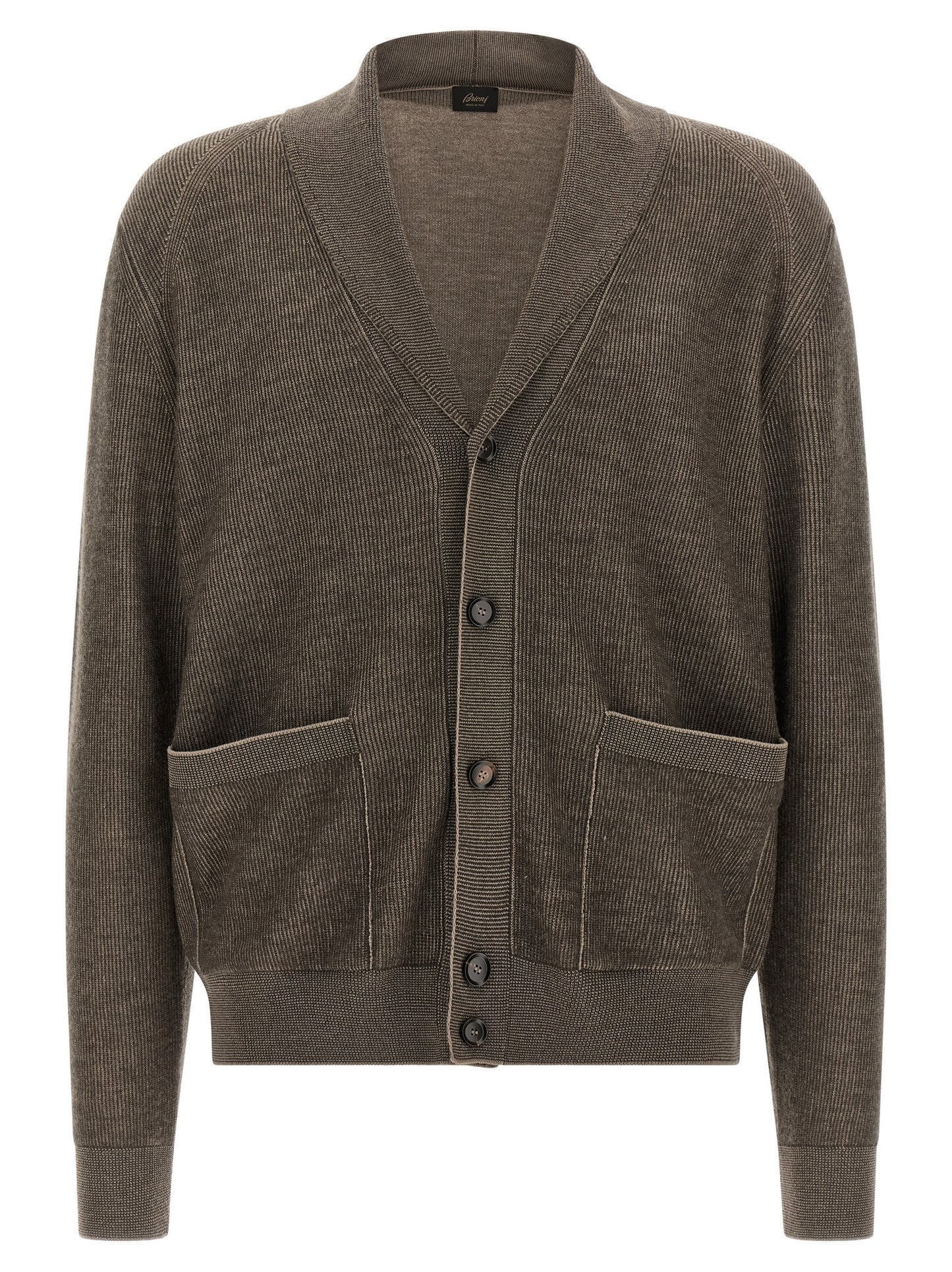 Cardigan by Brioni for men in cashmere wool brown & horn showcases a captivating silhouette, artfully detailed with a captivating and shawl-collar neckline for a truly sophisticated captivating look.