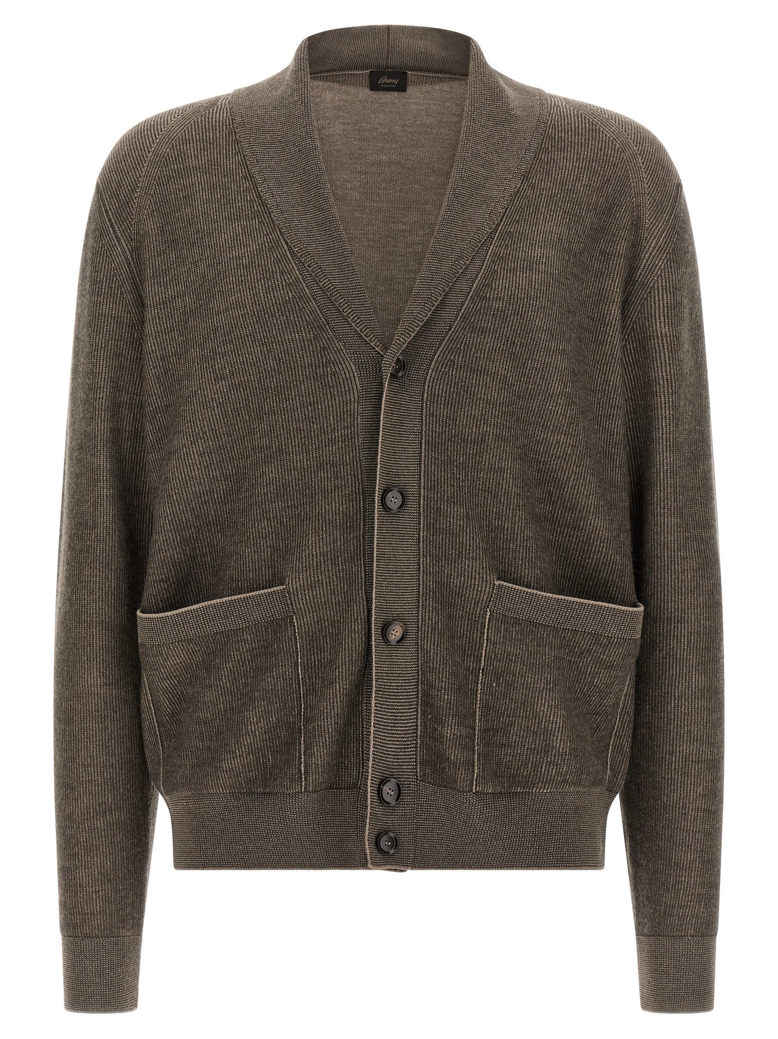 Cardigan by Brioni for men in cashmere wool brown & horn showcases a captivating silhouette, artfully detailed with a captivating and shawl-collar neckline for a truly sophisticated captivating look.