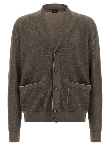 Cardigan by Brioni for men in cashmere wool brown & horn showcases a captivating silhouette, artfully detailed with a captivating and shawl-collar neckline for a truly sophisticated captivating look.