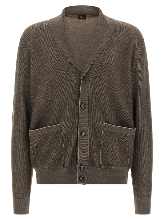 Cardigan by Brioni for men in cashmere wool brown & horn showcases a captivating silhouette, artfully detailed with a captivating and shawl-collar neckline for a truly sophisticated captivating look.
