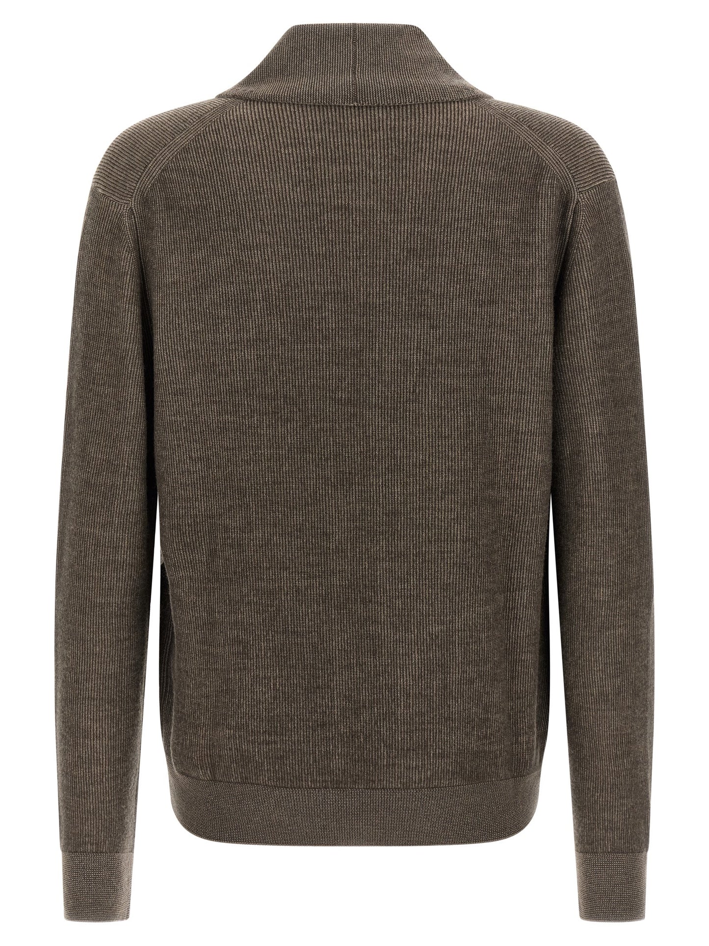 Cardigan by Brioni for men in cashmere wool brown & horn features a nuanced silhouette with a refined shawl-collar neckline and nuanced detailing for a sophisticated look.
