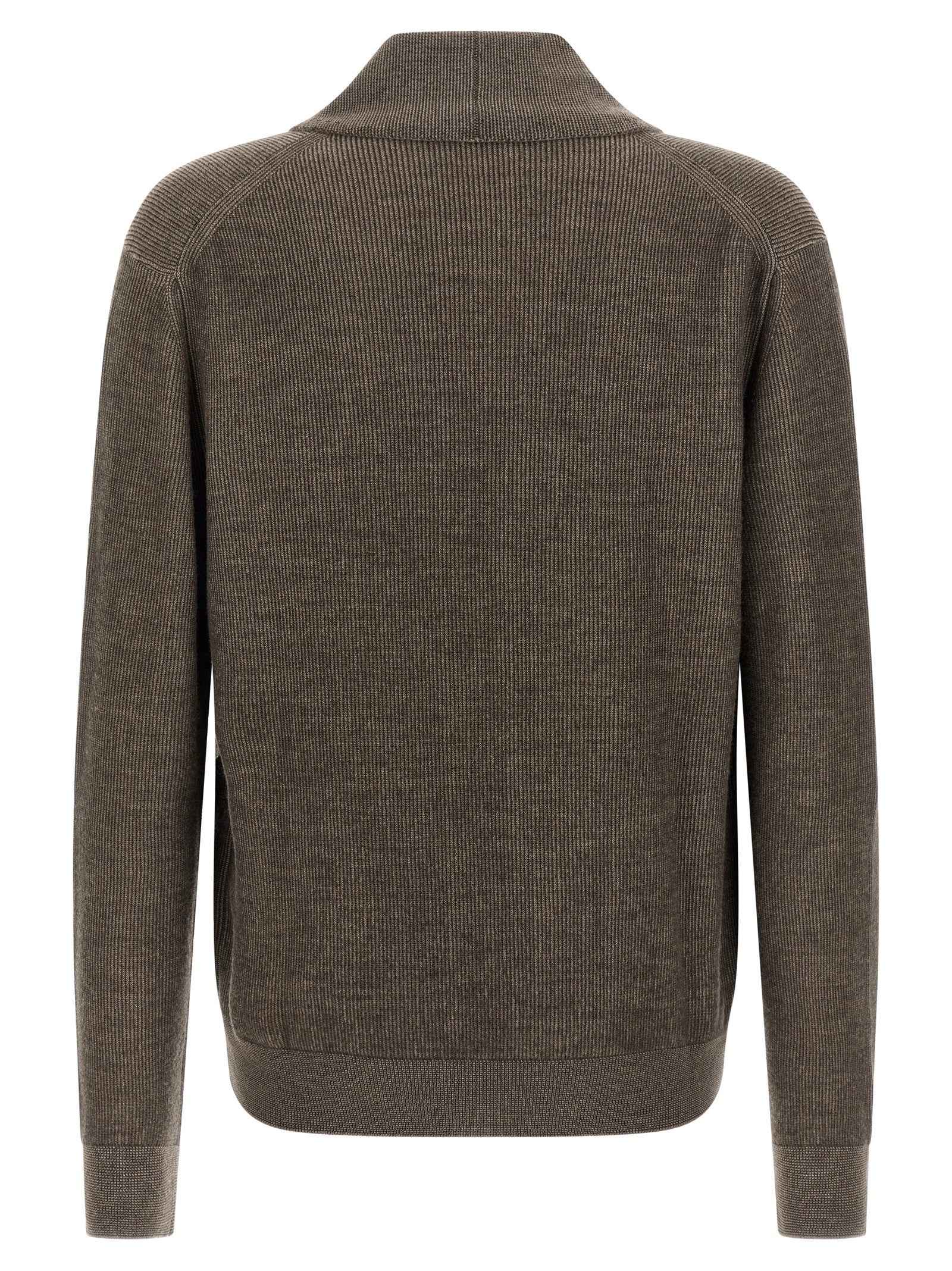 Cardigan by Brioni for men in cashmere wool brown & horn features a nuanced silhouette with a refined shawl-collar neckline and nuanced detailing for a sophisticated look.