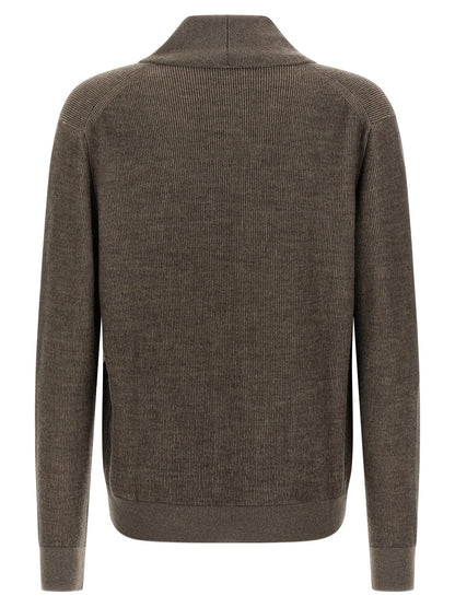 Cardigan by Brioni for men in cashmere wool brown & horn features a nuanced silhouette with a refined shawl-collar neckline and nuanced detailing for a sophisticated look.