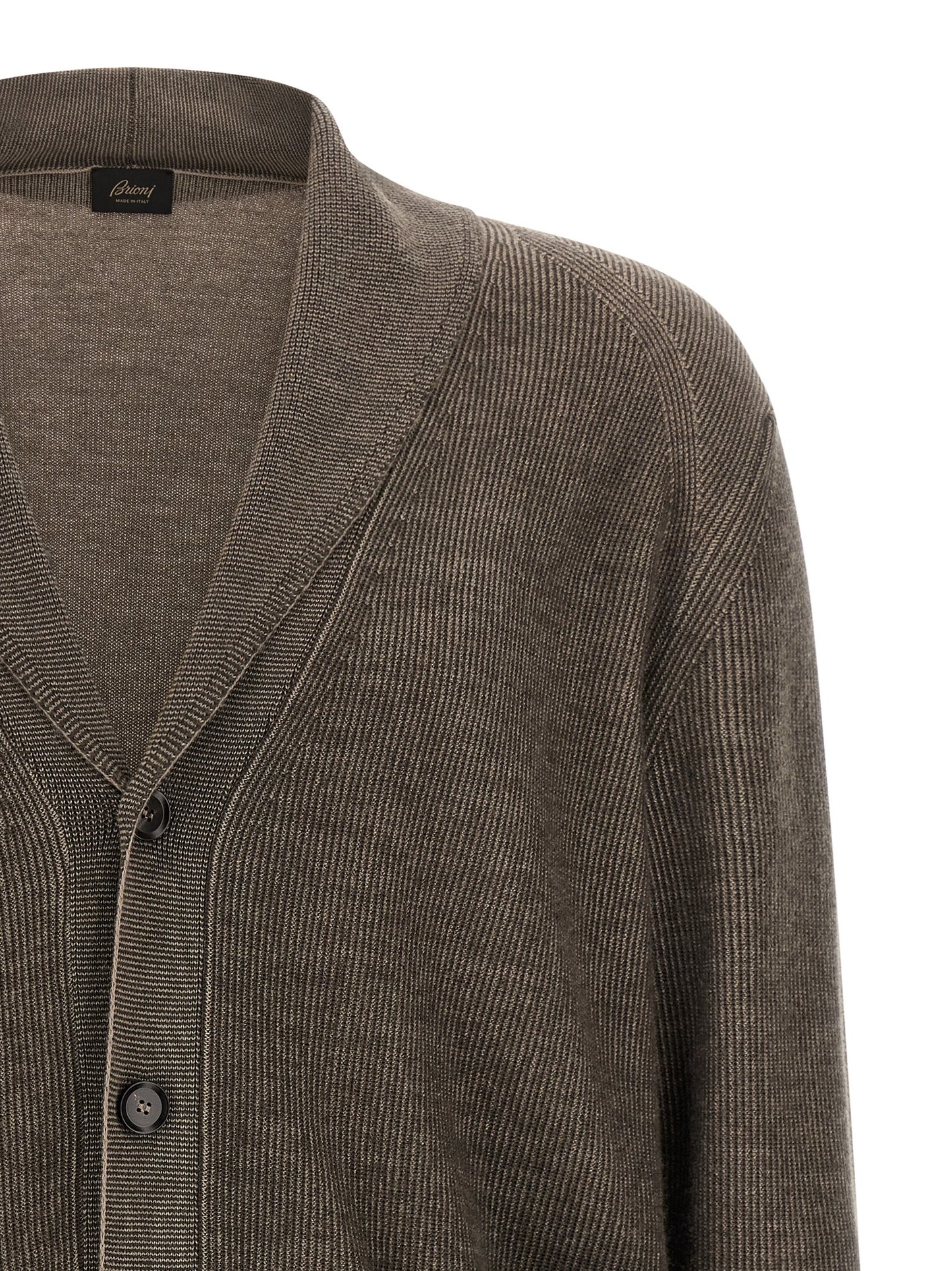 Cardigan by Brioni for men in cashmere wool brown & horn presents a textural silhouette, artfully finished with a textural shawl-collar neckline and for a sophisticated, textural look.