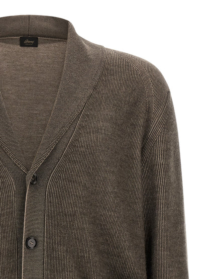 Cardigan by Brioni for men in cashmere wool brown & horn presents a textural silhouette, artfully finished with a textural shawl-collar neckline and for a sophisticated, textural look.
