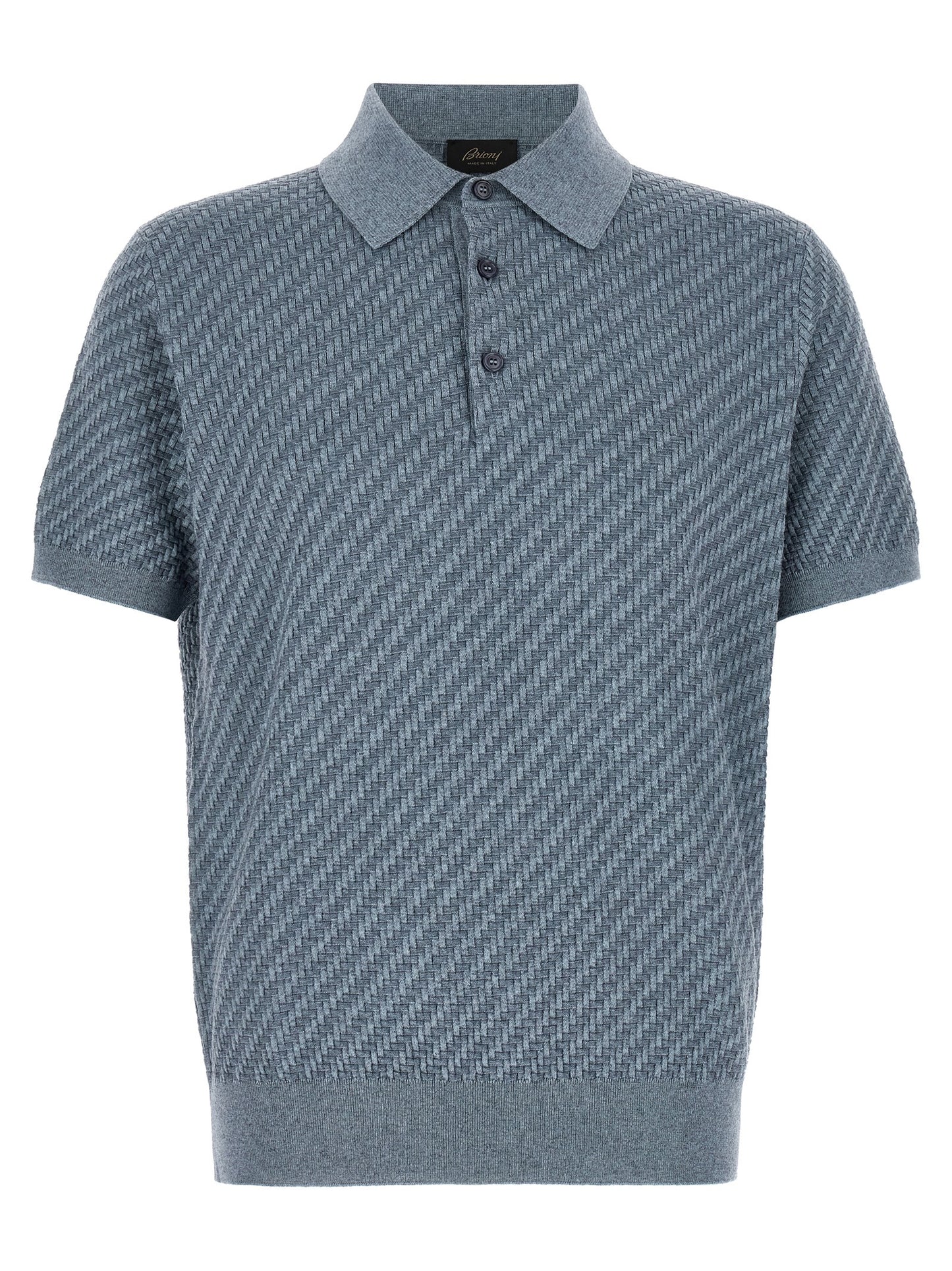This Polo Shirt by Brioni for men in cashmere cotton & silk blue & pearl presents a flawless silhouette, showcasing flawless short-sleeve detailing and a refined for a truly flawless aesthetic.