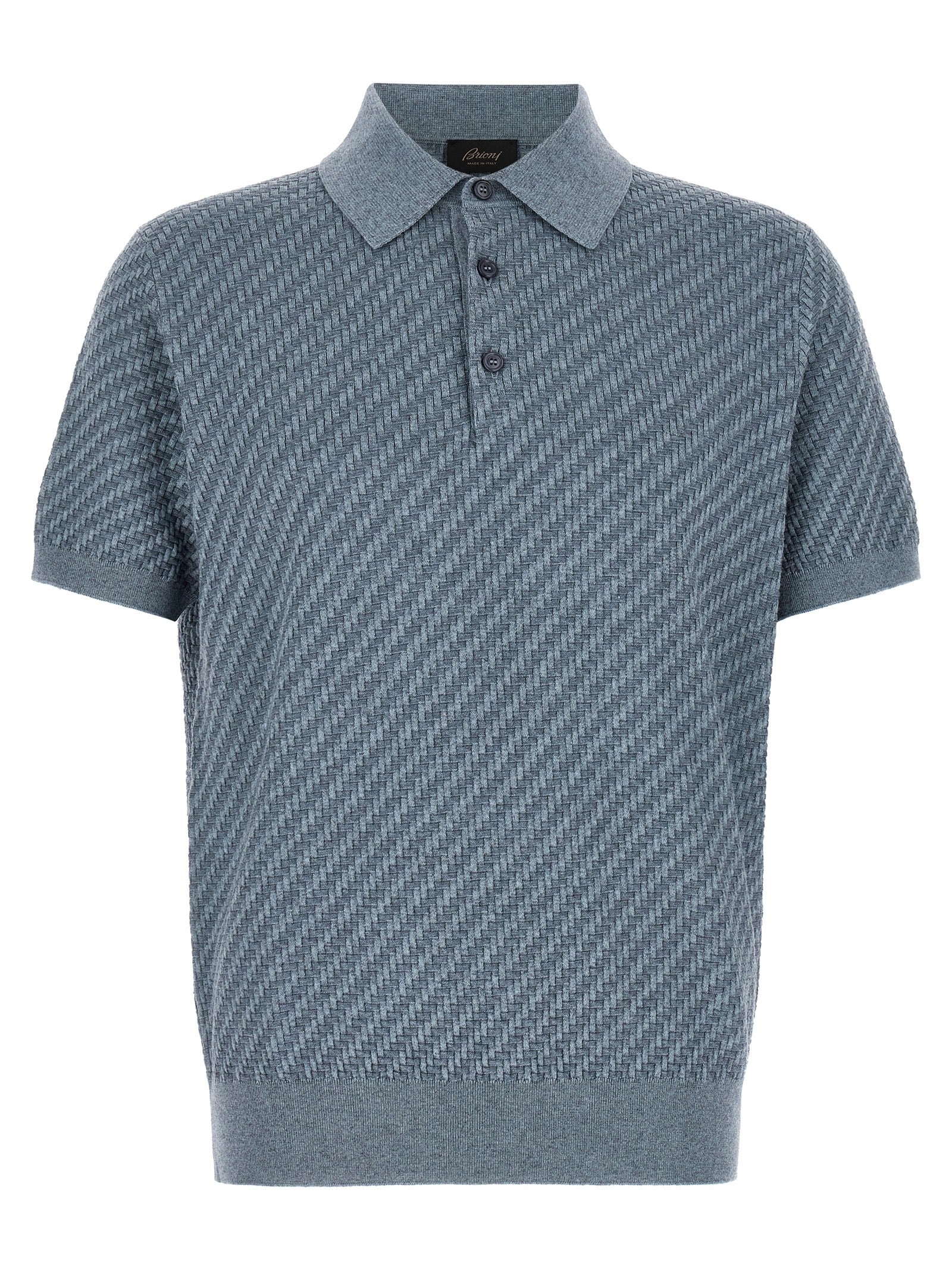 This Polo Shirt by Brioni for men in cashmere cotton & silk blue & pearl presents a flawless silhouette, showcasing flawless short-sleeve detailing and a refined for a truly flawless aesthetic.