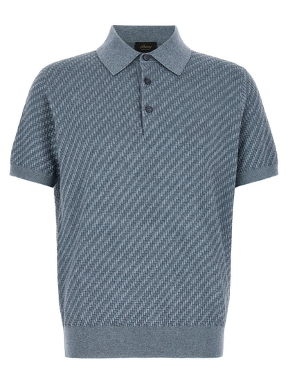 This Polo Shirt by Brioni for men in cashmere cotton & silk blue & pearl presents a flawless silhouette, showcasing flawless short-sleeve detailing and a refined for a truly flawless aesthetic.