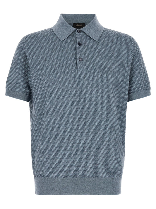 This Polo Shirt by Brioni for men in cashmere cotton & silk blue & pearl presents a flawless silhouette, showcasing flawless short-sleeve detailing and a refined for a truly flawless aesthetic.