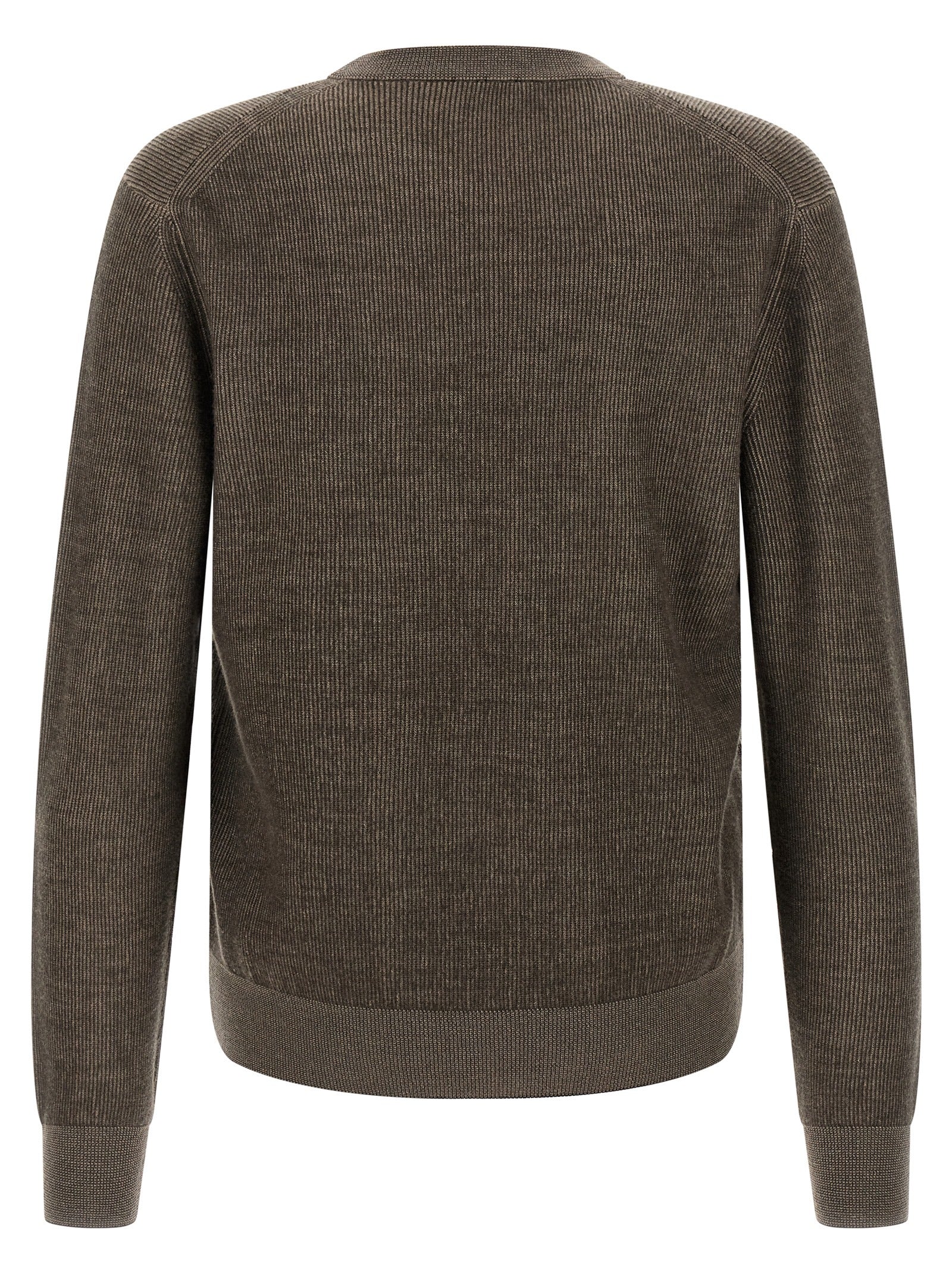 Cardigan by Brioni for men in cashmere brown presents a textural silhouette, artfully finished with a textural crew neckline and for a sophisticated, textural look.