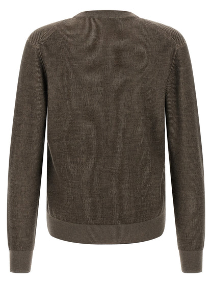 Cardigan by Brioni for men in cashmere brown presents a textural silhouette, artfully finished with a textural crew neckline and for a sophisticated, textural look.