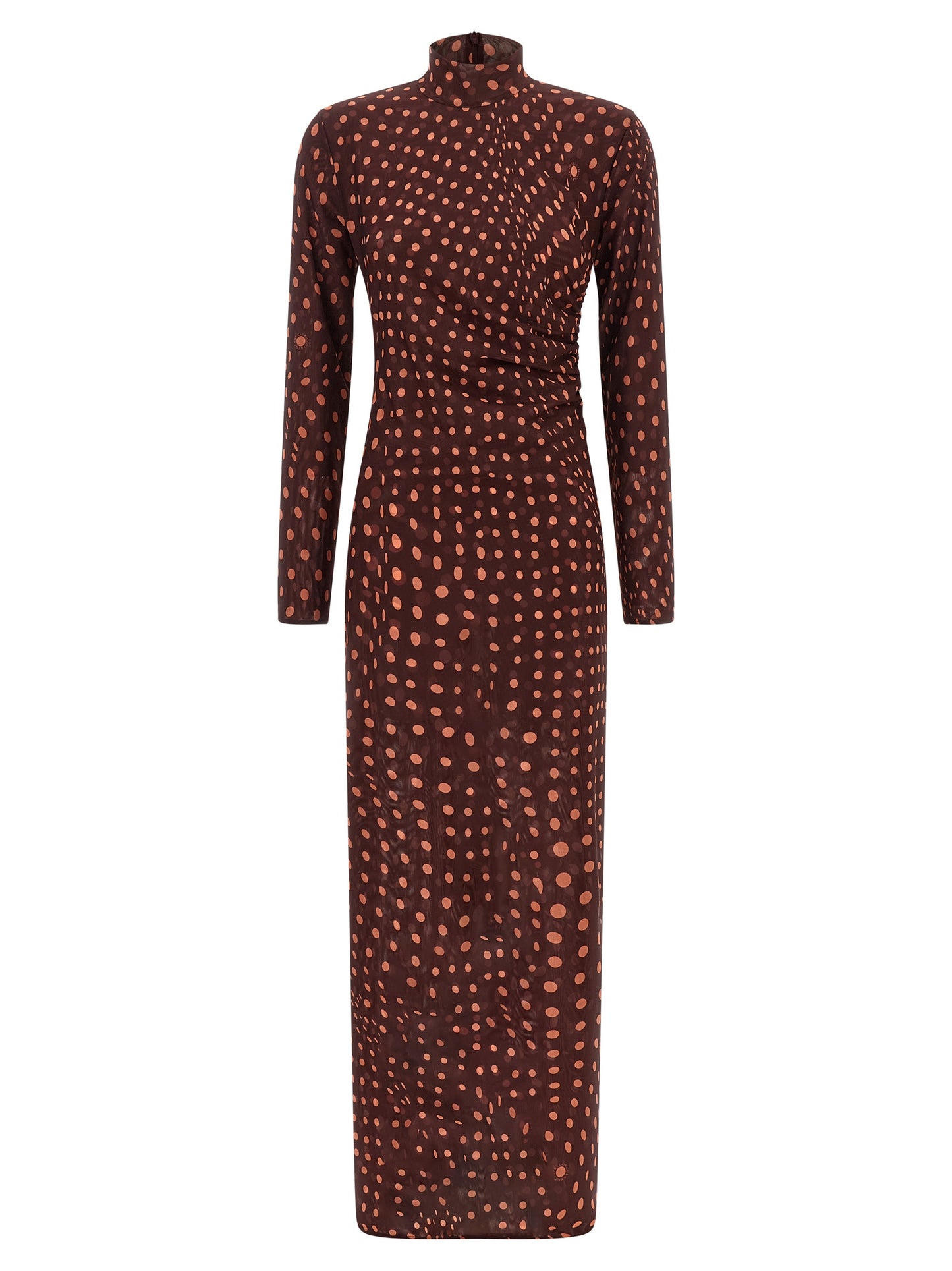 Dress by Stella McCartney for women in polyamide bordeaux, burgundy, transparent, patterned & print features an sultry silhouette defined by a high-neck neckline and long-sleeve, falling to an sultry long for a sultry look.