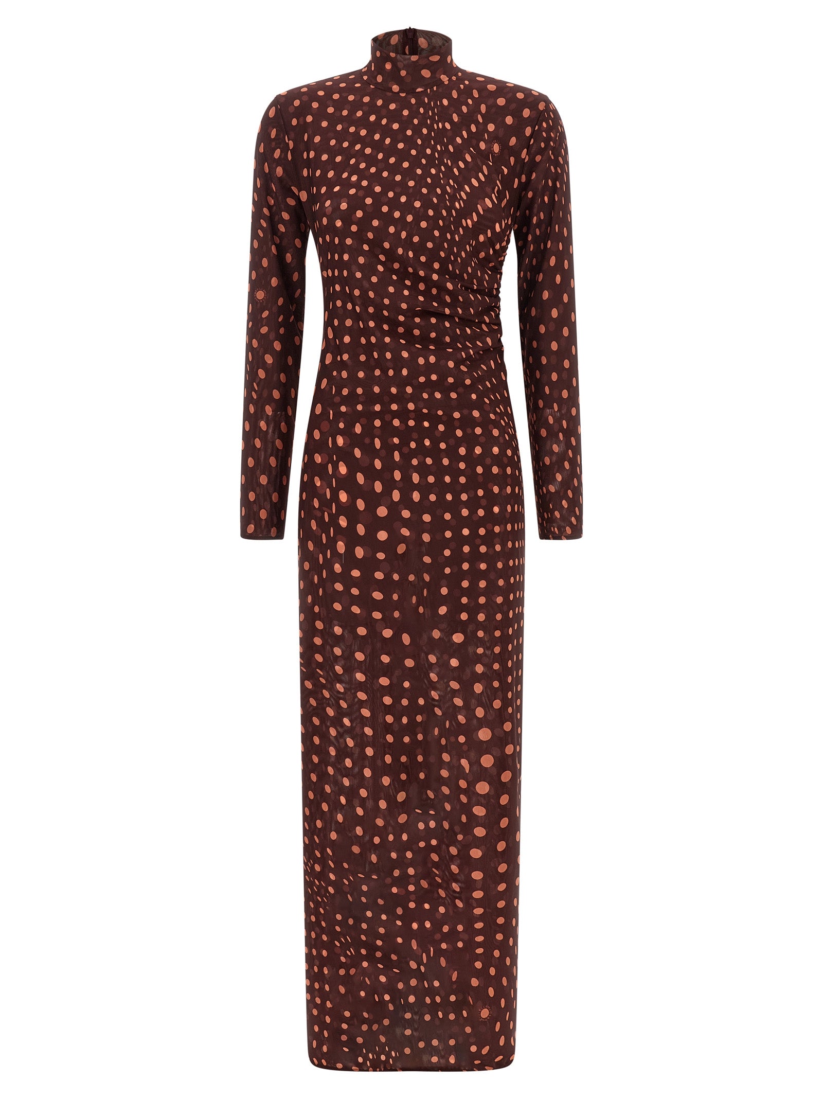 Dress by Stella McCartney for women in polyamide bordeaux, burgundy, transparent, patterned & print features an sultry silhouette defined by a high-neck neckline and long-sleeve, falling to an sultry long for a sultry look.