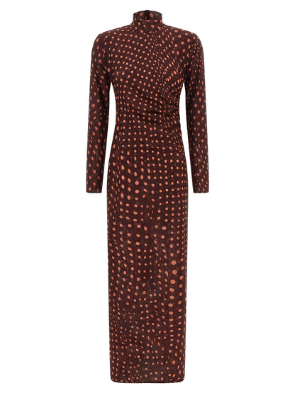 Dress by Stella McCartney for women in polyamide bordeaux, burgundy, transparent, patterned & print features an sultry silhouette defined by a high-neck neckline and long-sleeve, falling to an sultry long for a sultry look.