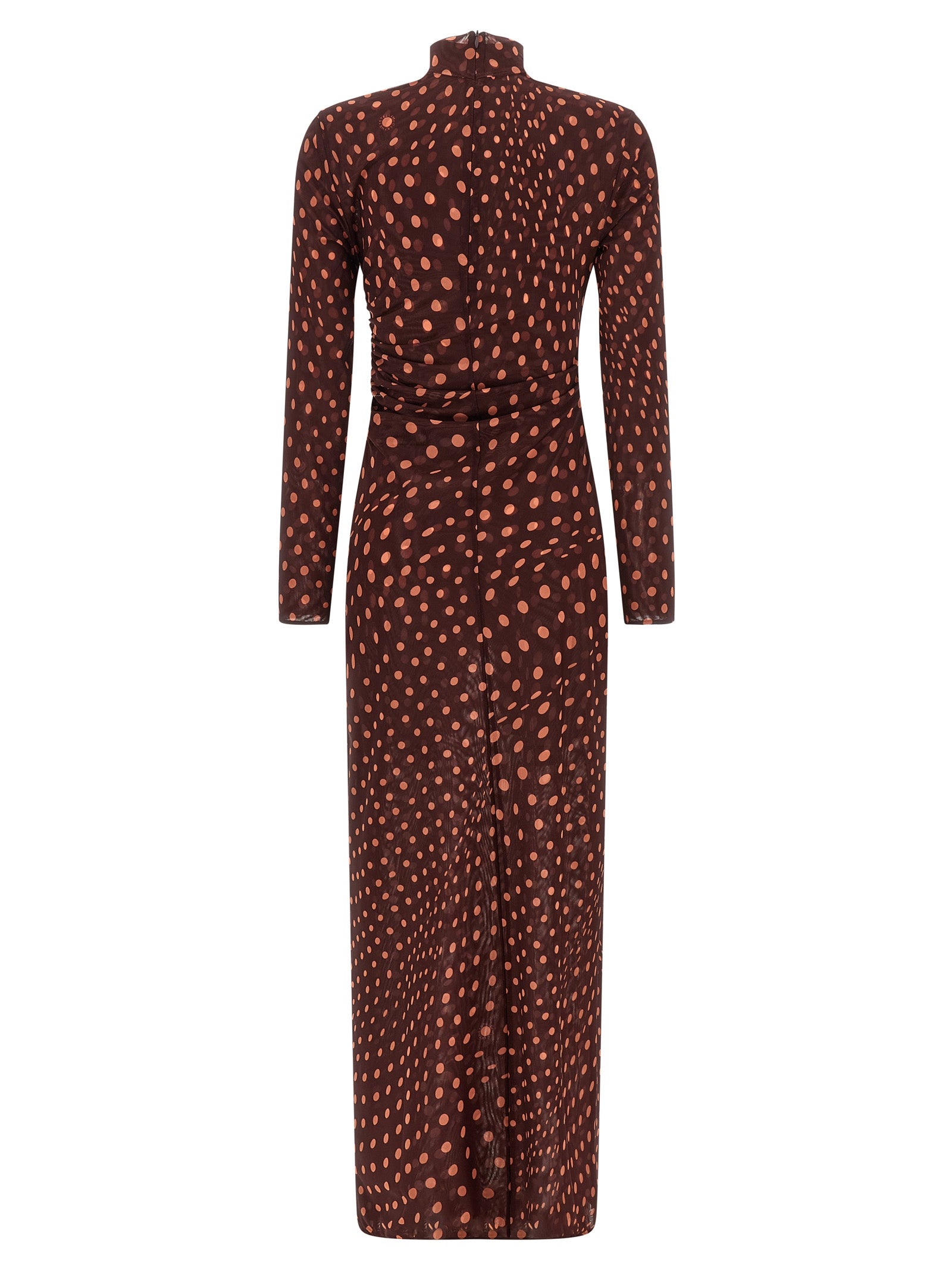 Dress by Stella McCartney for women in polyamide bordeaux, burgundy, transparent, patterned & print features an eye catching silhouette with a sophisticated high-neck neckline, elegant , and a refined long for a eye catching aesthetic.