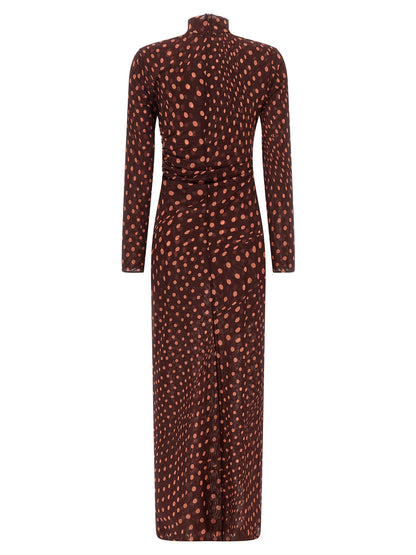 Dress by Stella McCartney for women in polyamide bordeaux, burgundy, transparent, patterned & print features an eye catching silhouette with a sophisticated high-neck neckline, elegant , and a refined long for a eye catching aesthetic.