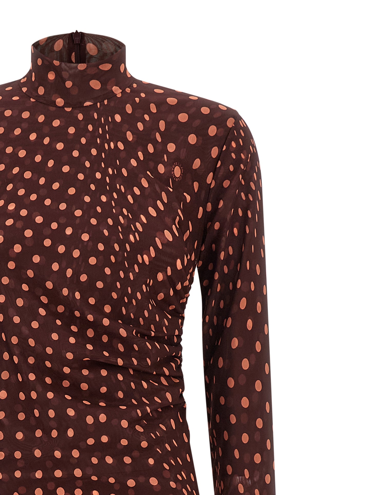 Dress by Stella McCartney for women in polyamide bordeaux, burgundy, transparent, patterned & print features an cute silhouette, detailed with a and high-neck neckline that elegantly flows into a cute long.