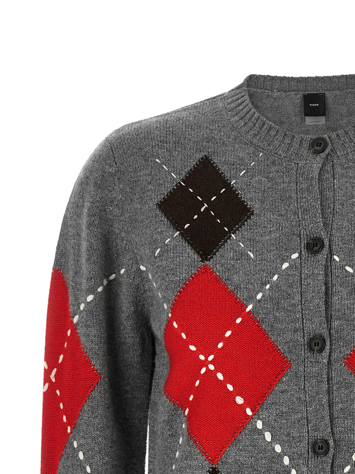 Cardigan by PINKO for women in cashmere wool gray, patterned & jacquard showcases a luxurious silhouette, meticulously detailed with a sophisticated and for a refined finish.
