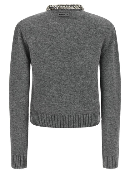 Cardigan by PINKO for women in alpaca wool gray & jacquard presents a textural silhouette, artfully finished with a textural and for a sophisticated, textural look.