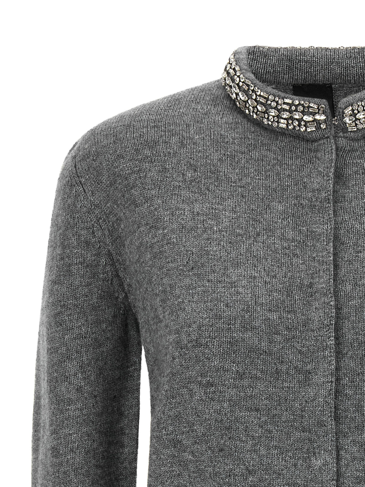Cardigan by PINKO for women in alpaca wool gray & jacquard features a dramatic silhouette, showcasing a sophisticated and dramatic detail for a timeless, premium look.