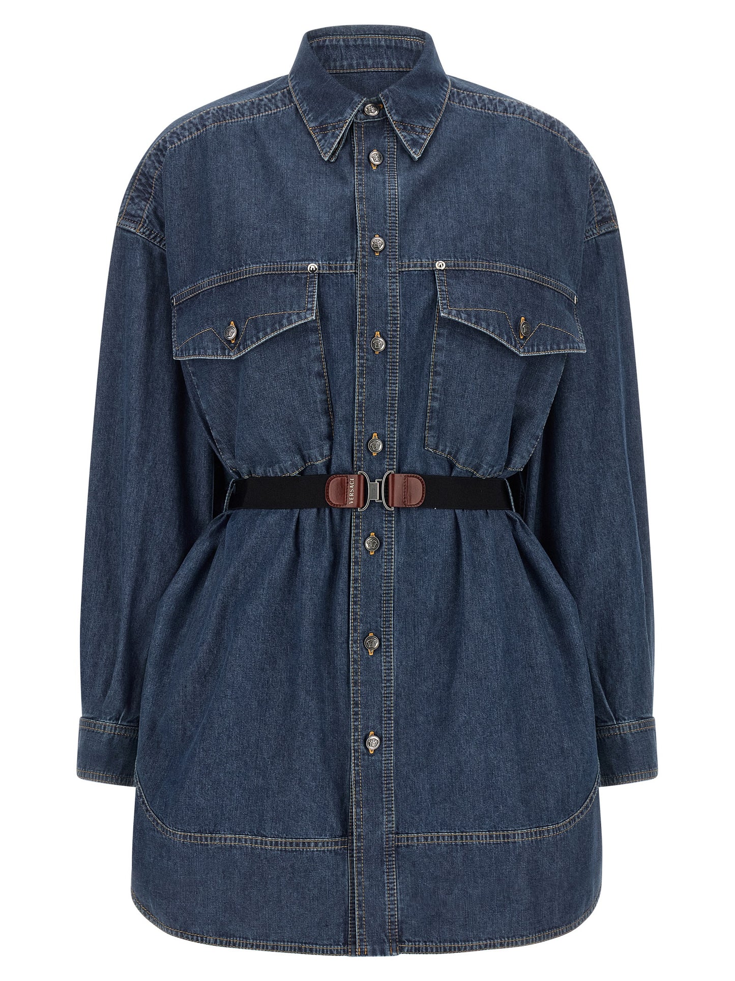 Dress by Versace for women in denim cotton blue presents a sinuous silhouette, showcasing a sophisticated and detailed with a sinuous short mini for a refined finish.