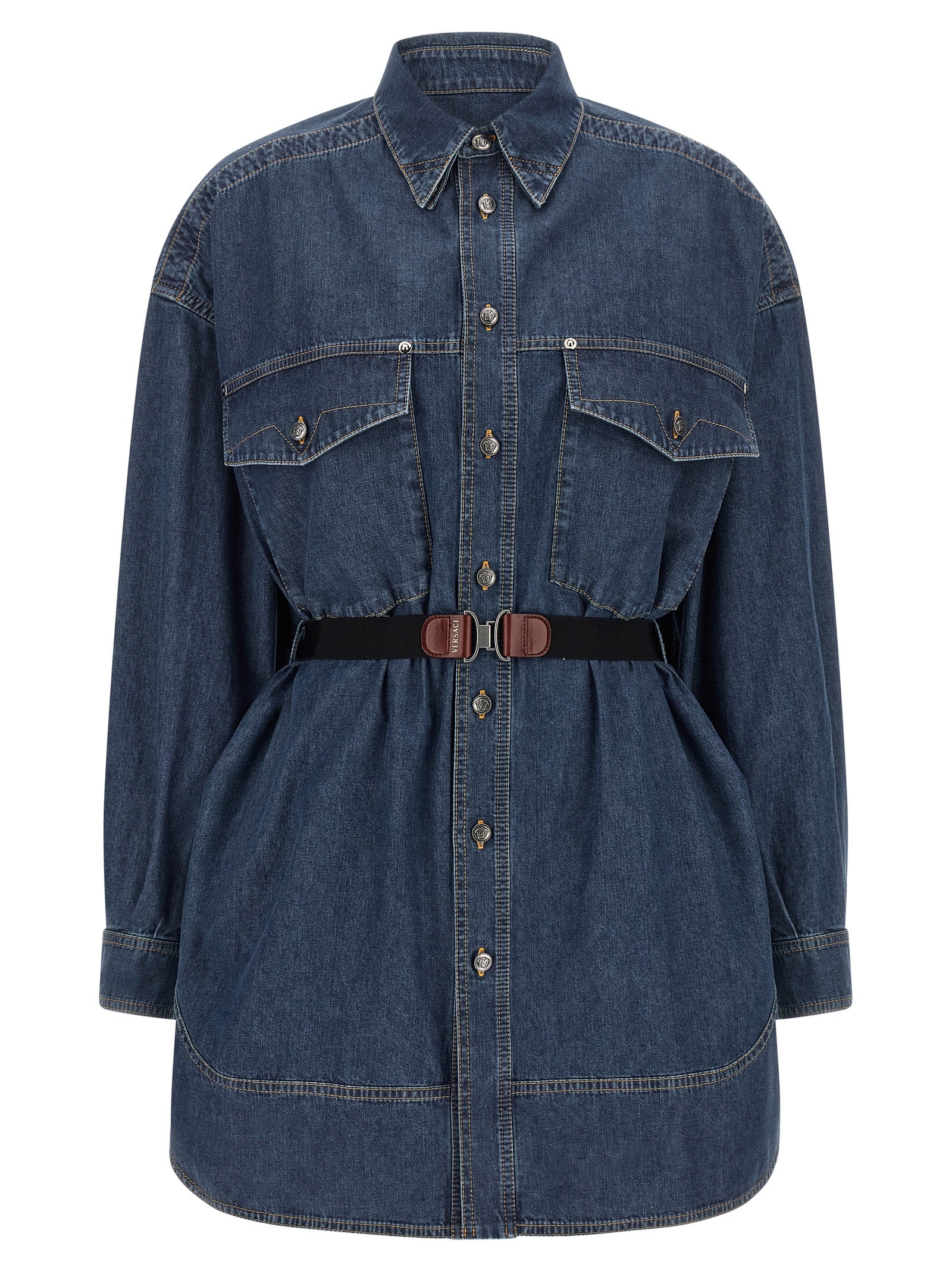 Dress by Versace for women in denim cotton blue presents a sinuous silhouette, showcasing a sophisticated and detailed with a sinuous short mini for a refined finish.