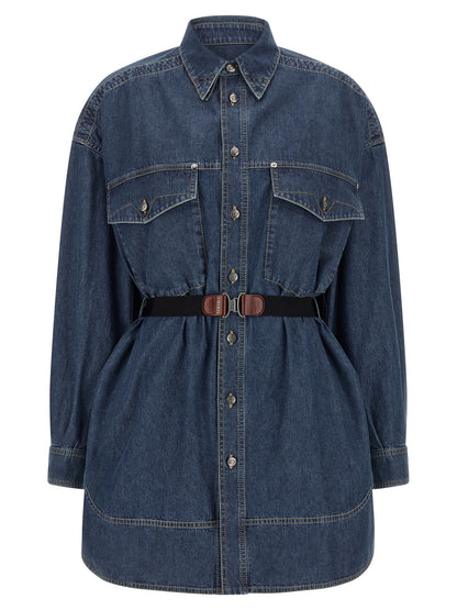 Dress by Versace for women in denim cotton blue presents a sinuous silhouette, showcasing a sophisticated and detailed with a sinuous short mini for a refined finish.