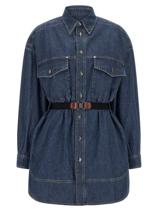 Dress by Versace for women in denim cotton blue presents a sinuous silhouette, showcasing a sophisticated and detailed with a sinuous short mini for a refined finish.
