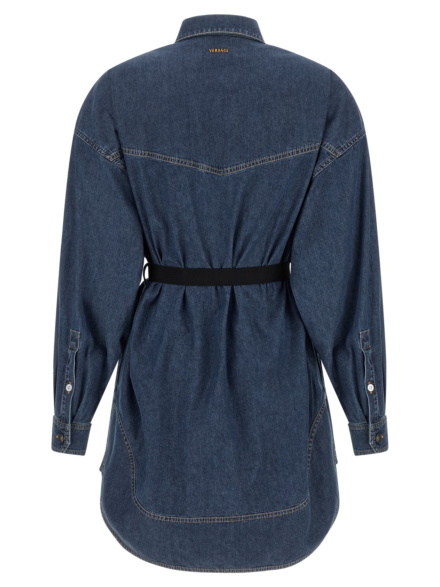Dress by Versace for women in denim cotton blue features an magnificent silhouette, artfully detailed with a magnificent and that flows into an magnificent short mini.