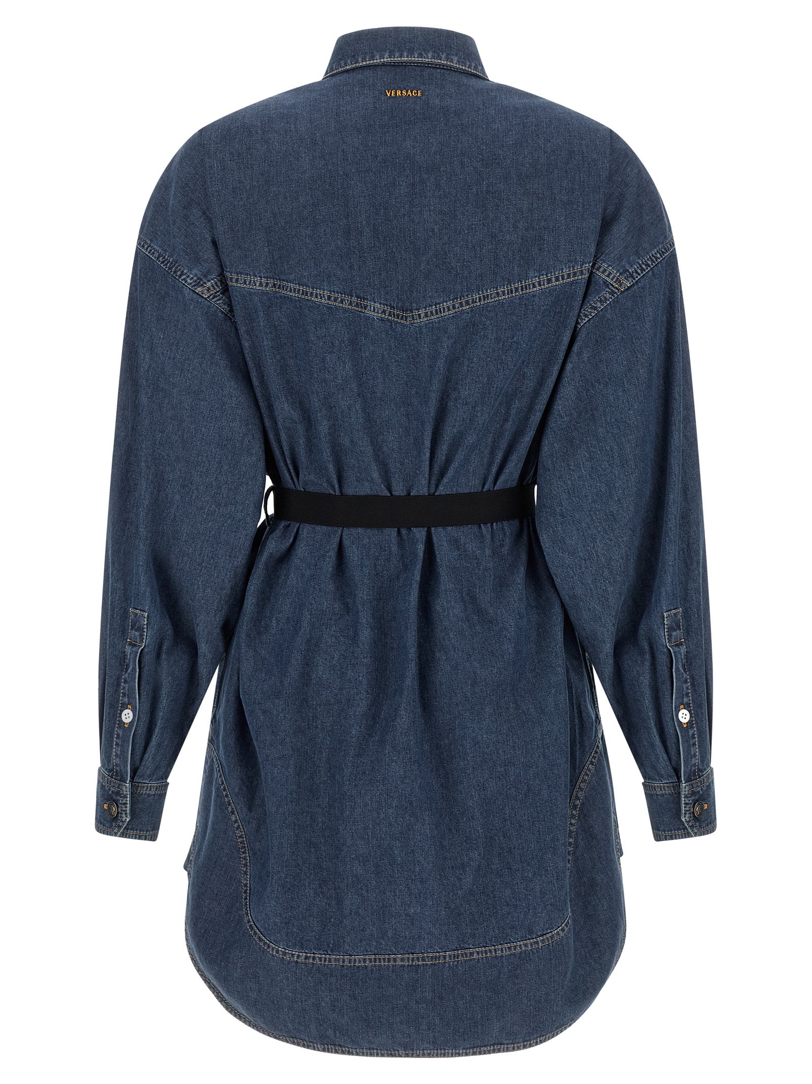 Dress by Versace for women in denim cotton blue features an magnificent silhouette, artfully detailed with a magnificent and that flows into an magnificent short mini.