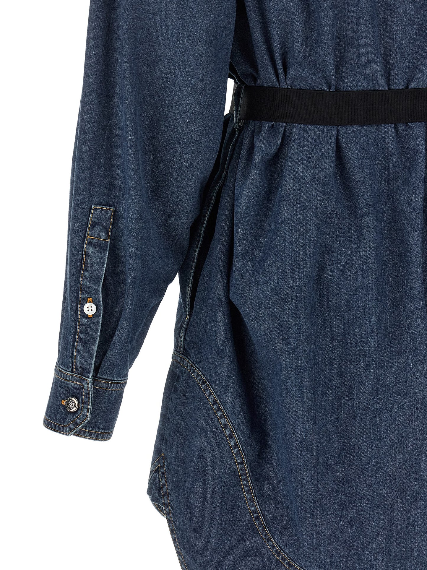 Dress by Versace for women in denim cotton blue features an sultry silhouette defined by a and , falling to an sultry short mini for a sultry look.