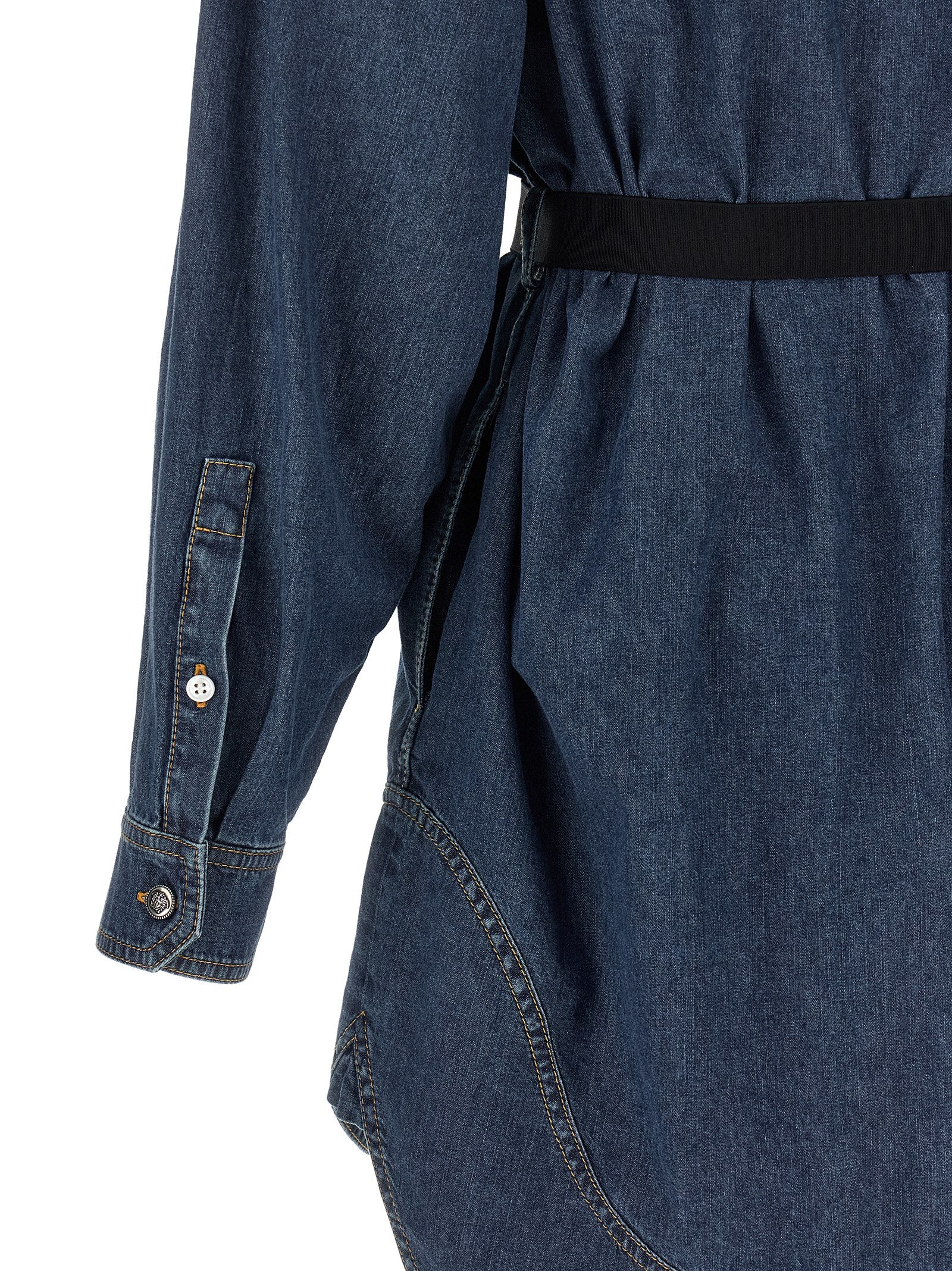 Dress by Versace for women in denim cotton blue features an sultry silhouette defined by a and , falling to an sultry short mini for a sultry look.